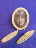 Assorted Celluloid (French Ivory) Dresser Items : Oval Picture Frame, 2 Lint Brushes