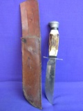 Hunting Knife with Leather Sheath  - 4 1/2” Blade – Simulated antler grip