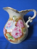 Enesco Floral Creamer 5 1/2” T –Gilded rim & Handle  - Painted Rose Design – front only