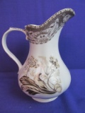 Brown & White Ceramic Pitcher  7 1/2” Tall -  With Botanical Print design