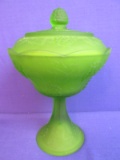 Indiana Glass Satin Green Grape Themed Compote w/ Lid