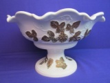 Vintage Ivory Colored Compote w/ Painted Gold Grape Leaf Detail 7” Tall x 11” DIA