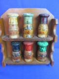 6 Hand-Painted Spice Shakers (Wood) 3” Tall & Rack 7 x7x2”