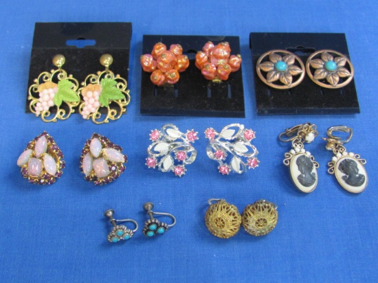 8 Pairs of Vintage Earrings: Rhinestones, Cameos – Clip-on & Screw-on