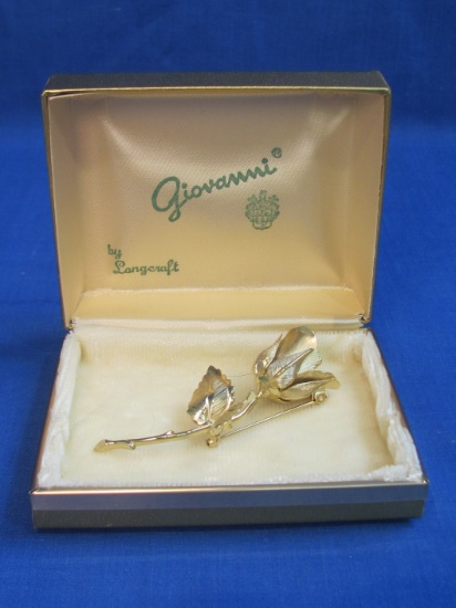 Giovanni Goldtone Rose Pin/Brooch in Original Box – 2 3/4” long