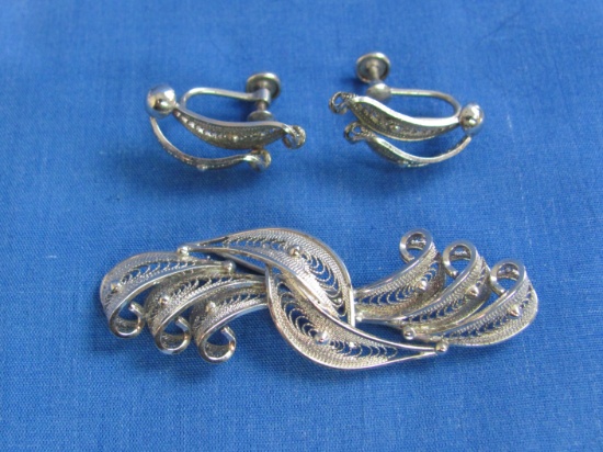 Vintage Sterling Silver Pin/Brooch & Screw-on Earrings – Marked “Stanco” - 10.4 grams