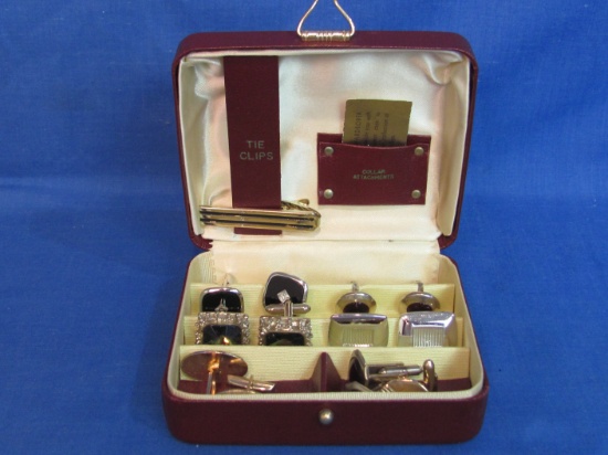 Men's Travel Case by Anson with Various Cufflinks & 1 Tie Clasp – 4 1/4” x 3 3/4”
