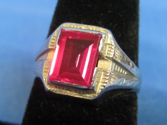 Silvertone Ring w Emerald Cut Pink Stone – Size 7 – Vintage – Marked but faint