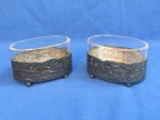 Pair of Glass Dishes in Silverplate Holders – Nut Cups? Finger Bowls?  Detailed Scenes