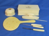 Celluloid Dresser Box w Manicure Tools, /Hair Receiver & Hand Mirror – Mirror is 9 3/4” long