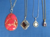 4 Nice Pendants & Chains – Large Pink Stone – Opal Look & More
