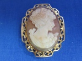 Shell Carved Cameo Pin/Pendant in a 14 KT Gold Filled Frame – 1 1/2” long