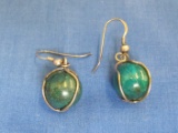Sterling Silver Wire Earrings w Green Stone Ball – Malachite? Dangle about 1 1/4”