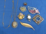 Costume Jewelry: Pins – Necklaces – Ring size 7.5 – Some vintage