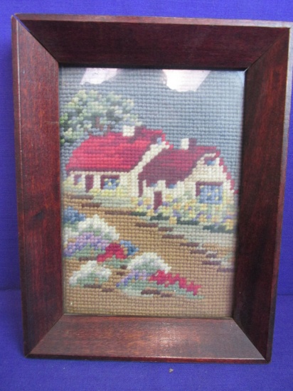 VINTAGE, 4 1/2” x 6 1/5” CREWEL framed piece