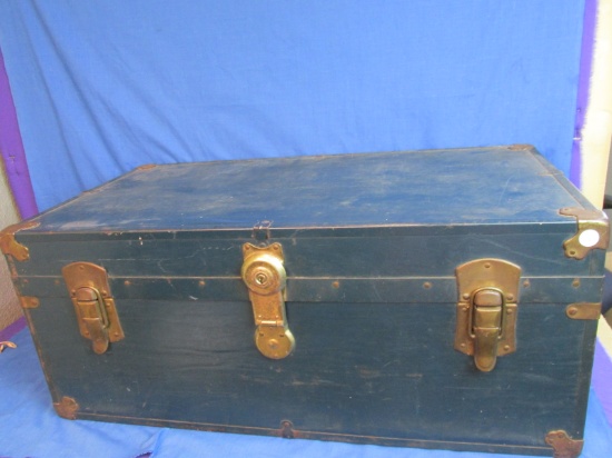 Vintage Trunk – Blue Finished Wood -Brass Hardware 30 1/2” W x 16 1/4” D x 13 1/2” T