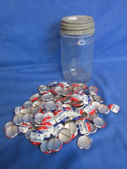 Appx 120 Goldwater-Miller(1964 Presidential R)  Political Buttons in Atlas Fruit Jar