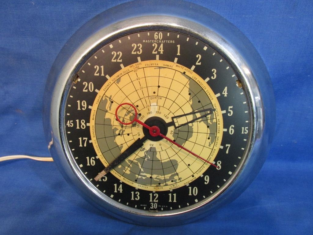 1960 S Mastercrafters Model 191 24 Hr Wall Clock With World Map Made In Usa Art Antiques Collectibles Antiques Antique Clocks Online Auctions Proxibid