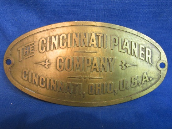 Oval Brass Name Plaque “The Cincinnati Planer Company”  5 1 /2” L x 2 3/4” T