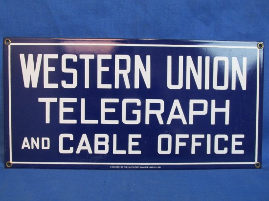 Porcelain Enameled Blue & White Sign 7” T x 14” L - “Western Union”
