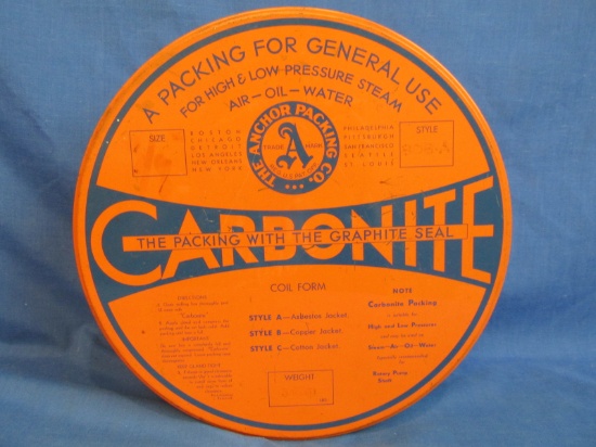 Vintage Tin: Carbonite – Great Graphics – Blue on Orange 10 1/4” DIA x 2 1/4” Deep