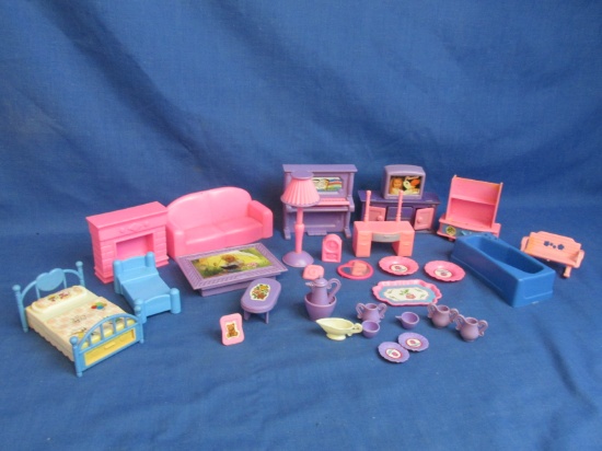 Plastic Doll House Furniture – 90's, some Vtg. Like wood table – miniature dishes – plastic