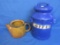 Blue & White Speckled “Coffee Canister 12” T w/ 5” Top Hole & McCoy Teapot no lid