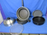 Mixed Lot Of Cooking Pans: Domed Skillet w/ Under Pan, Basket insert & 2  cake Pans
