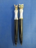 1960's Vintage  Miniature Pen Set –  Black Plastic w/ painted  Dog & Cat – jewel eyes