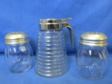 Vintage Restaurant Style Chrome Topped Syrup Pitcher  & 2 shakers for Pizza Seasonings
