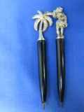 1960's Vintage  Miniature Pen Set –  Black w/ Gold tone with Palm Tree & Hula Dancer