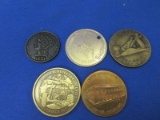 5 Meals/Tokens 1 1/2” to  1 3/4” Round- Some Bronze finish, Some Brass