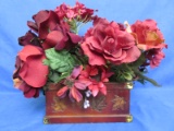 Arrangement of Fabric Flowers in Maple Leaf Embossed Wooden Box w/ Brass Findings