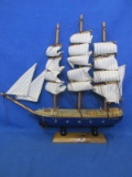 Blue  3 Masted Sailing Ship  Model  on  Stand – Decorative – Wood & Canvas
