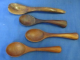 Folk Art: 4 Hand Carved Wooden Spoons – 6”  Buckthorn, Cherry & Walnut & 8” unmarked