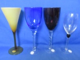 4 Assorted Glass Stemware:  Amber Cased (white inside), Amethyst Blob, Blue, Purple
