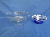 2 Glass Bowls – Clear Compote 4” T x 9” W  & Blue & White Ruffled  -2 1/2” T x 6” DIA