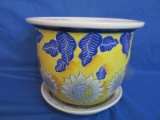 Pottery Jardinier w/ Underplate – Yellow & Blue Design 7 1/2” T x 9” DIA