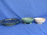 3 Pieces of Artisanal Pottery: Bowls – 5 1/2” White, 6 1/2” Snail Footed, 10” Blue Glzed