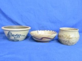 3 Pieces of Artisanal Pottery: 2 Bowls & Small Jar