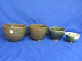 Artisanal Pottery 4 Bowls – Set of 3 Green Glazed 5” , 5 1/2” & 6” (marked S) & 4” Bowl