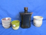 Artisanal Pottery: 3 Cups 1 Covered Jar (top-heavy 2 1/4” DIA at Base & 5” DIA at lid)