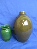 2 Green Pottery Vases – Unmarked -11” T x 6” W appx  & 5 1/2” T x 4” W appx