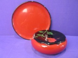 Red & Black Laquerware Box with carved Hibiscus on lid & a 9 1/2” Underplate
