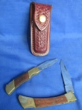 2 Pocket Knives: Brass & Wood Handles – 2” Pakistan & 2 1/2” China (w/ leather sheath)