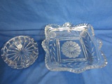2 Crystal Bowls – 4 1/2” Round & 8” Square w/ cut floral detail & Sawtooth edge