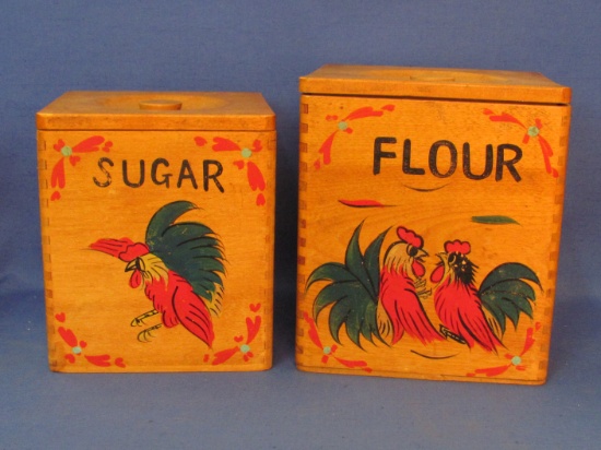 Pair of Vintage Wood Canisters w Roosters – Flour & Sugar – Made in Japan – Flour is 8 3/4” tall