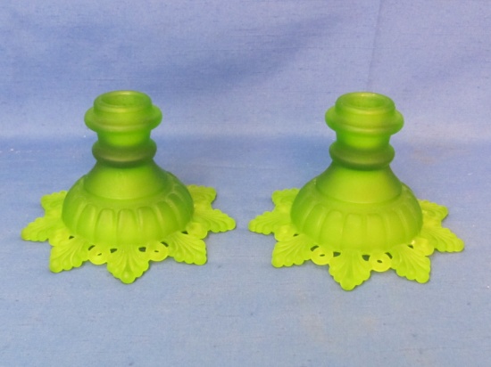 Pair of Westmoreland Candlesticks – Ring & Petal in Green Mist – 3 1/2” tall