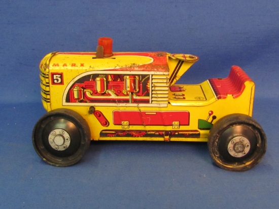 Marx #5 Tin Wind-up Tractor – Yellow & Red – 7 3/4” long – Front tire broken off but included