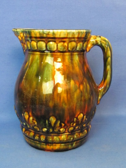 Mottled Green/Brown Pottery Pitcher – Impressed 8 on base – 8 1/2” tall